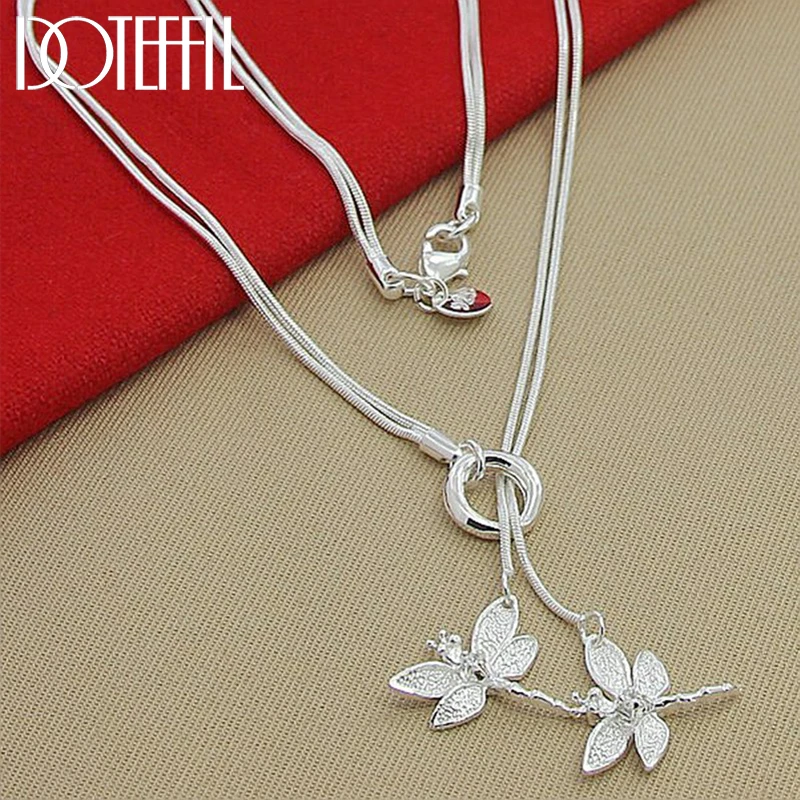 DOTEFFIL 925 Sterling Silver Two Dragonfly Pendant Necklace For Women Snake Chain Necklace Wedding Engagement Jewelry