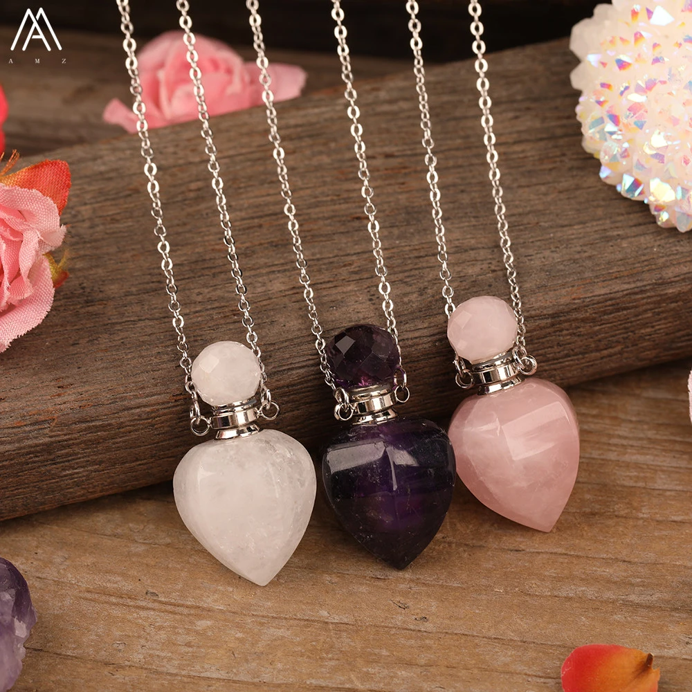 Natural White Jades Roses Amethysts Quartz Heart Shape Perfume Bottle Pendant Necklace Elegant Women Essential Oil Vial Jewelry