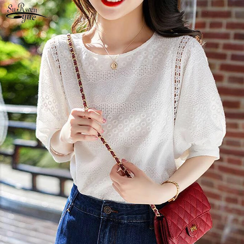 Summer New 2021 Korean Fashion Women's Lantern Sleeve Loose Shirts Embroidery Cotton Lace O-neck Casual Blouses Plus Size 13440