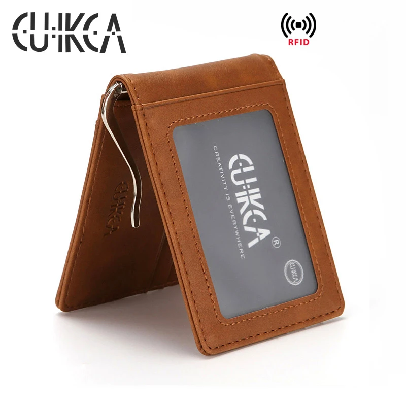 CUIKCA Unisex Rfid Wallet Slim Leather Wallet Money Clip Women Purse Men Metal Clip Business ID Credit Card Cases Travel Wallet