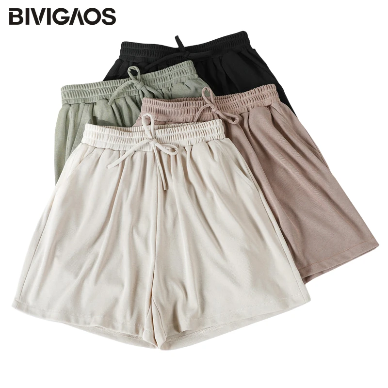 BIVIGAOS Summer New Sweet Shorts Women Drawstring Casual Shorts Loose Wide Leg Shorts Ladies Lungewear