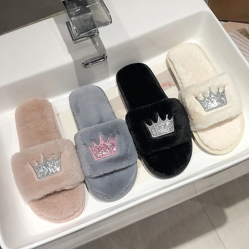 Slippers Women 2021 Womens Fur Slippers Winter Shoes Big Size Home Slipper Plush Pantufa Women Indoor Warm Fluffy Cotton Shoes