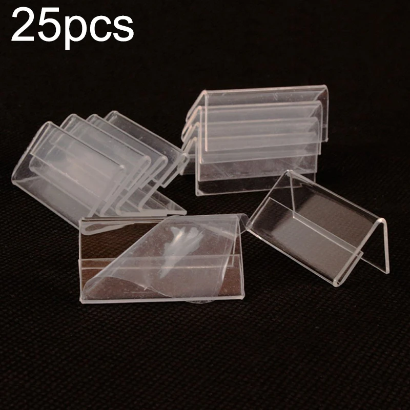 Clear Price Tag Clip Sign Card Holder Stands Poster Racks 25pcs Plastic Mini Label Racks Acrylic Card Display Holder 20x40mm