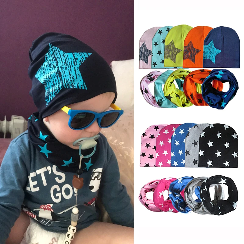 2Pcs Cute Baby Hat Scarf Set Star Print Children Boys Girls Cap Warm Neck Collar Autumn Winter Cotton Kids Beanie Scarves Bonnet