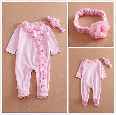 Newborn Baby Girls Long Sleeve Romper Three-dimensional Flower Bodysuit Jumpsuit Clothes Outfits Set Attached Headband