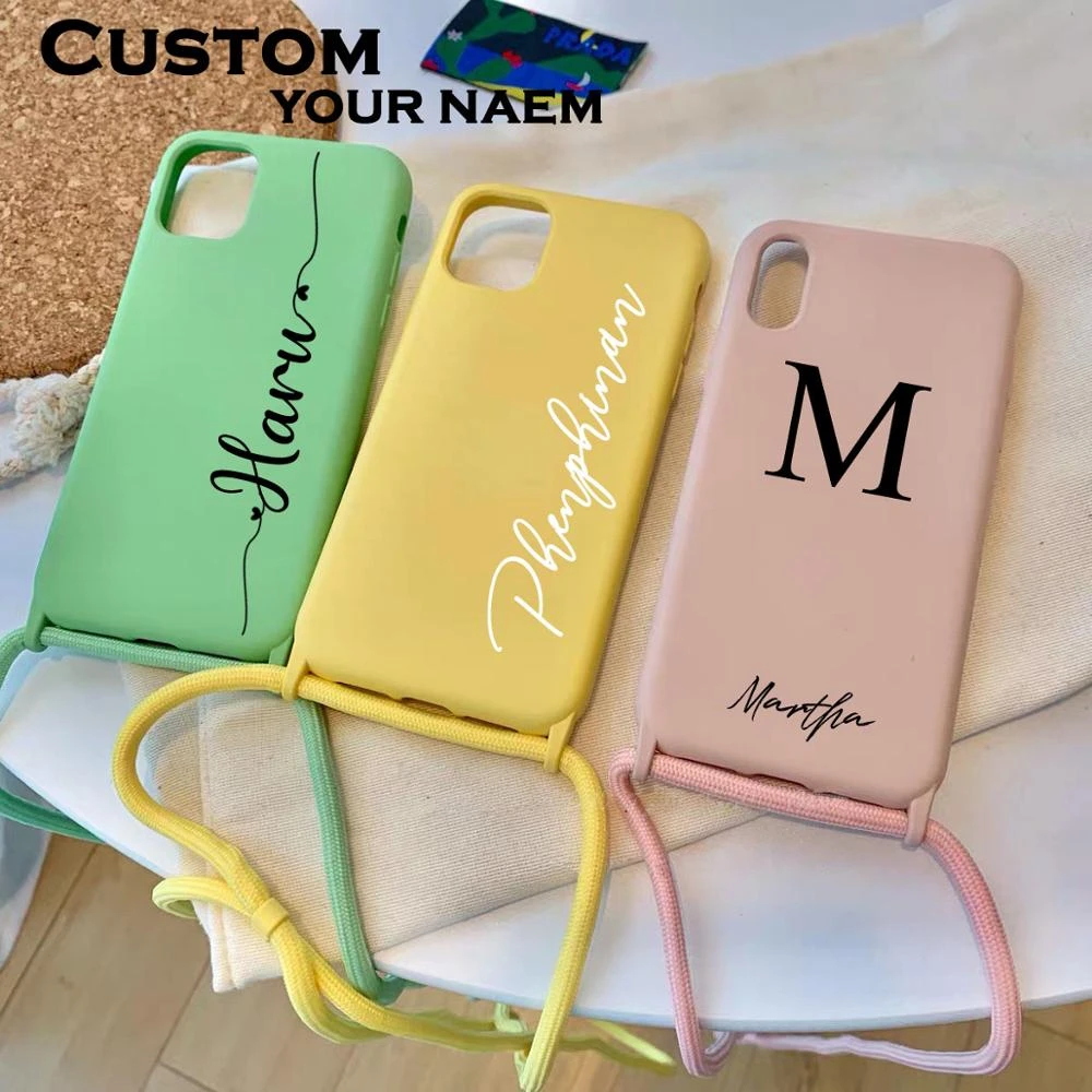 Custom Name Logo Picture TPU case with Sling Necklace Strap For iphone 13 Pro Max 12 mini 11 i12 pro phone case Soft DIY Design