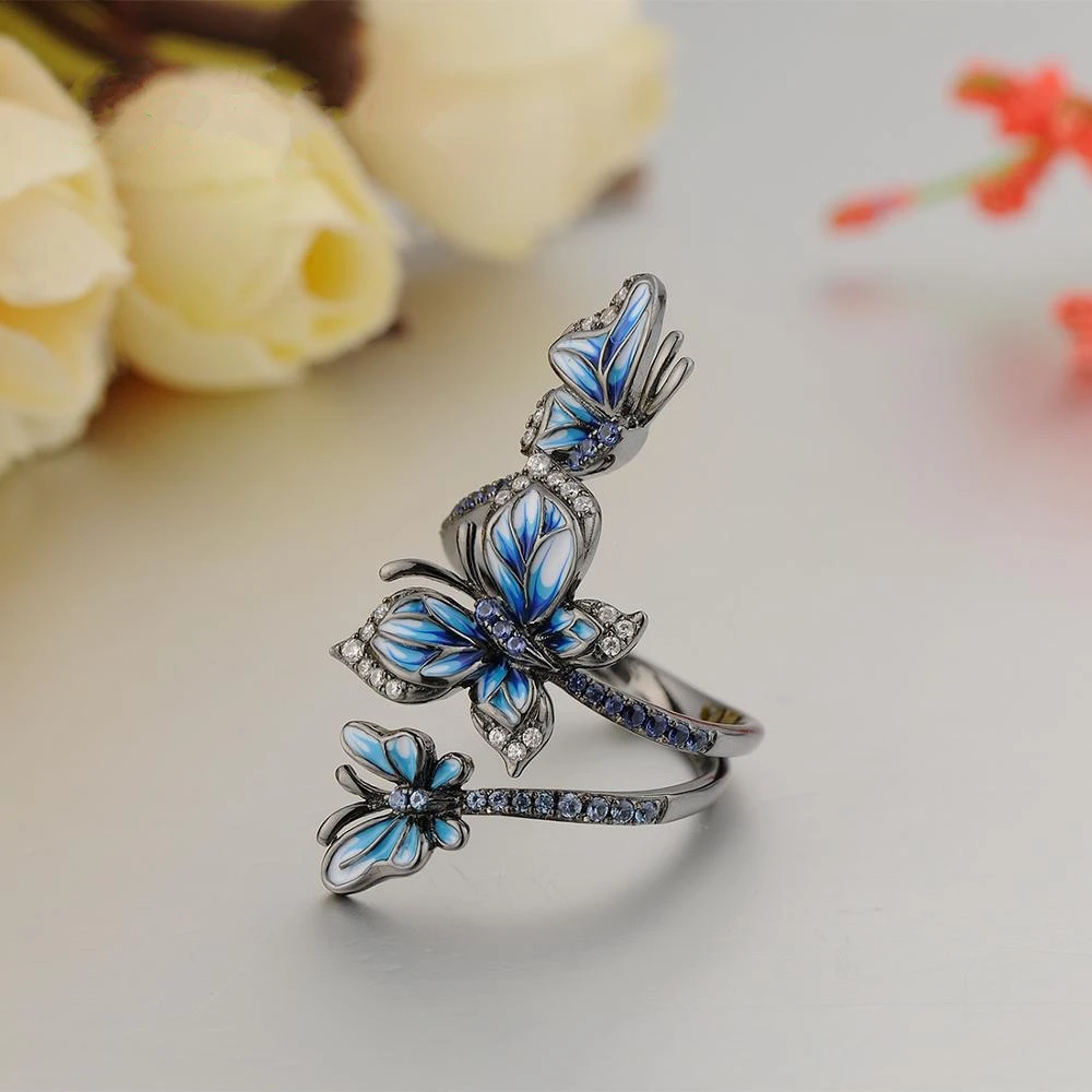 Cute Female Big Blue Enamel Butterfly Ring Vintage Black Gold Wedding Rings Promise Engagement Rings For Men And Women