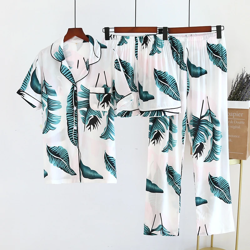 2021 New Women's Spring And Summer100%Viscose Pajamas Three-piece Short Sleeve + Shorts + Trousers Soft And Comfortable Homewear