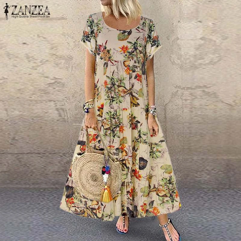 ZANZEA 2021 Summer Dress Women Vintage Floral Printed Short Sleeve Sundress Ladies Bohemian Party Long Vestido Robe Loose Dress