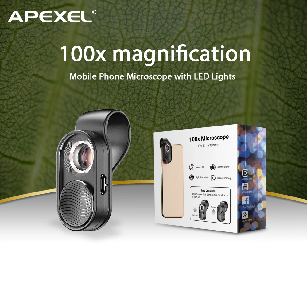 APEXEL100X microscope lens camera phone lens high magnification LED Light micro pocket lenses for iPhone Samsung all smartphones