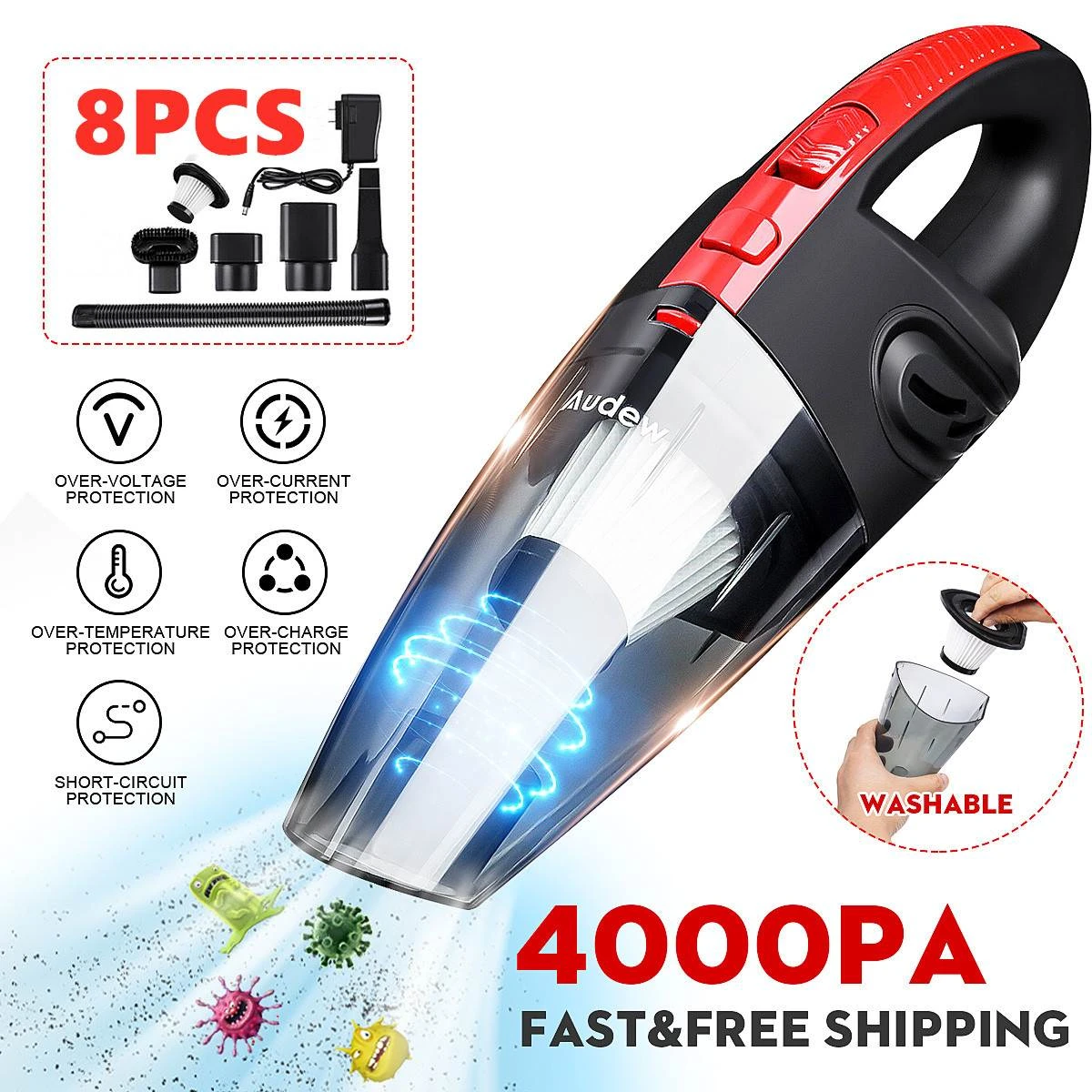 AUDEW 120W 4000pa Handheld Home Vacuum Cleaner HEPA Filter Mini Portable Rechargeable Cordless Wet Dry Use 2200mAh