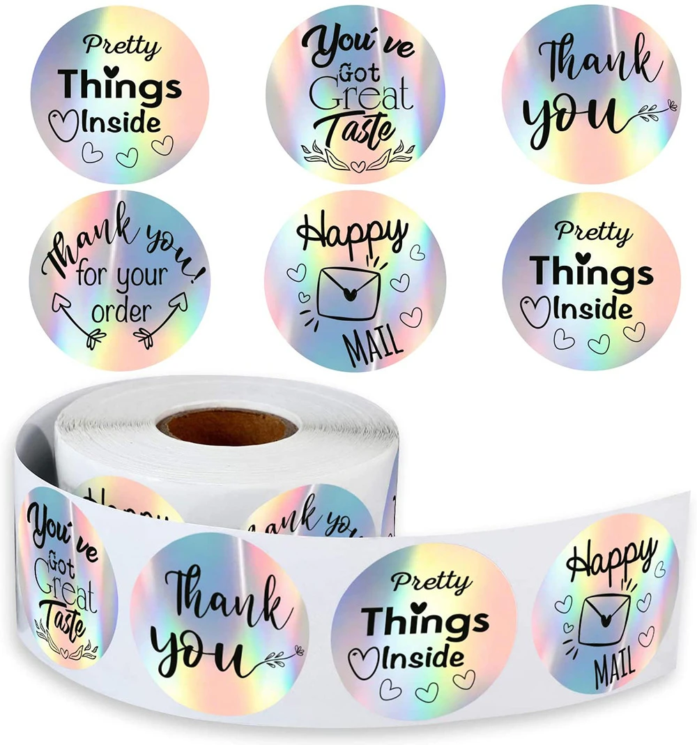 500pcs Rainbow Silver Thank You Stickers Round Adhesive Label Sticker for Business, Christmas Gift, Weddings, Shipping Mailers