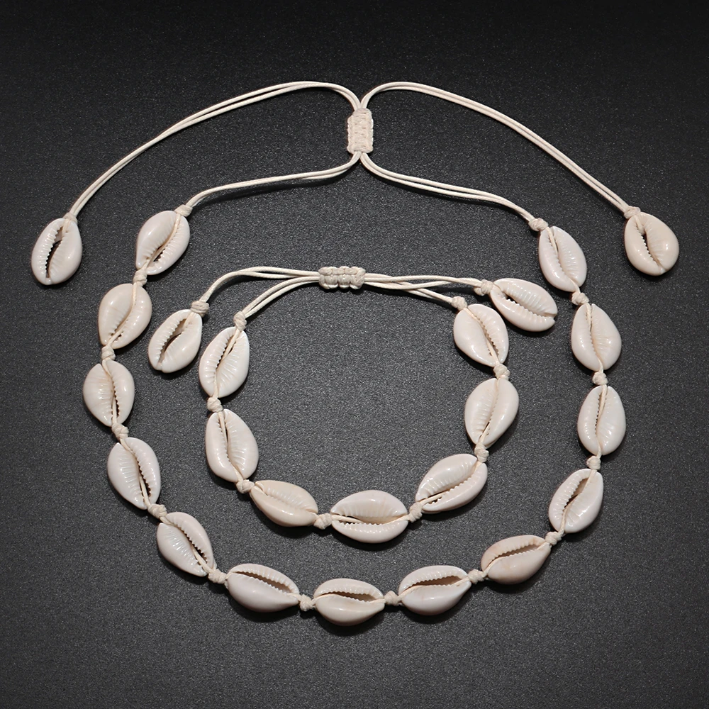 Original Design Shells Necklace Bracelet One Set Natural Seashells Knit Chain Rope Girl Choker Bracelets Jewelry Gift Adjustable