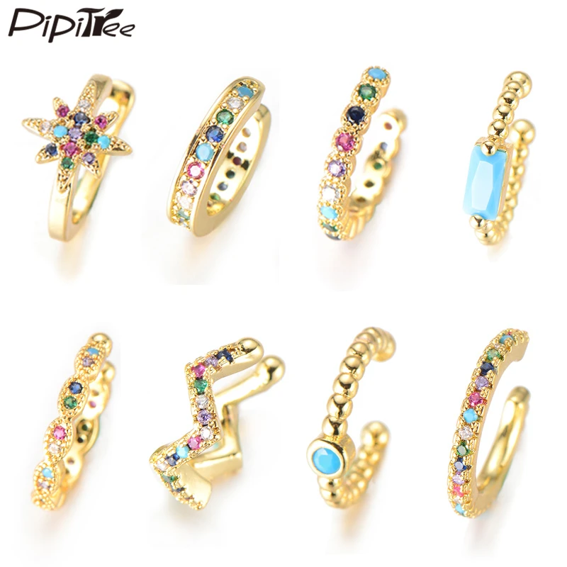 Pipitree 1 PCS Cubic Zirconia Round Small Loop Earrings Femme Gold Color Ear Clip Earrings Women Jewelry Cuff without Piercing