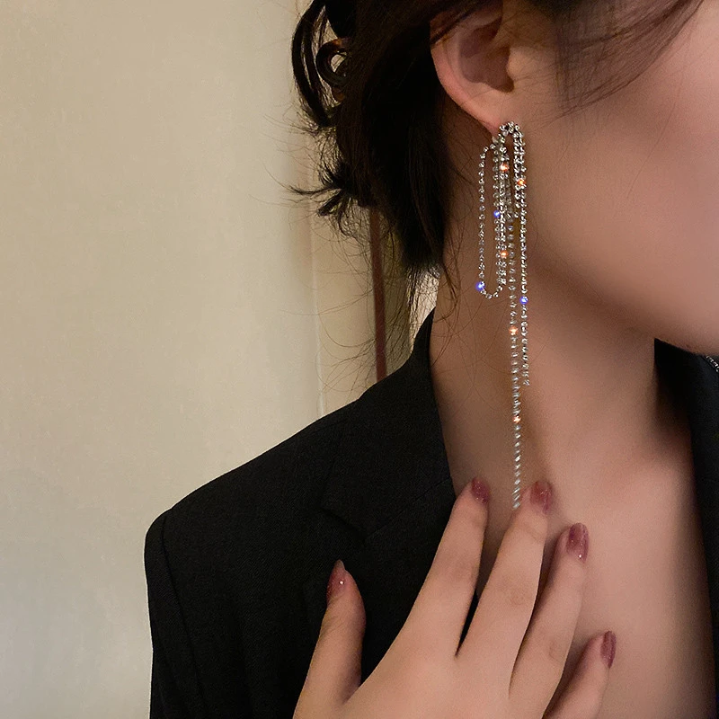 FYUAN Long Tassel Crystal Earrings for Women Bijoux  Shine Geometric Rhinestone Dangle Earrings Weddings Jewelry Accessories