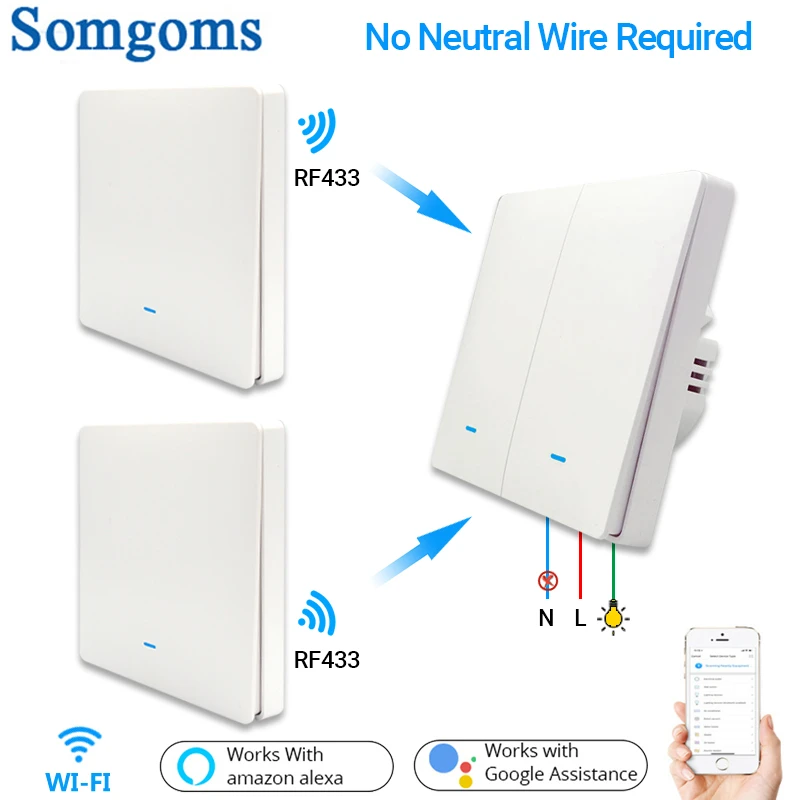 WiFi RF433 Smart  Wall Light Switch,No Neutral Wireless Transmitter ,Tuya APP Control Alexa Google Home Compatible 1/2/3 Gang