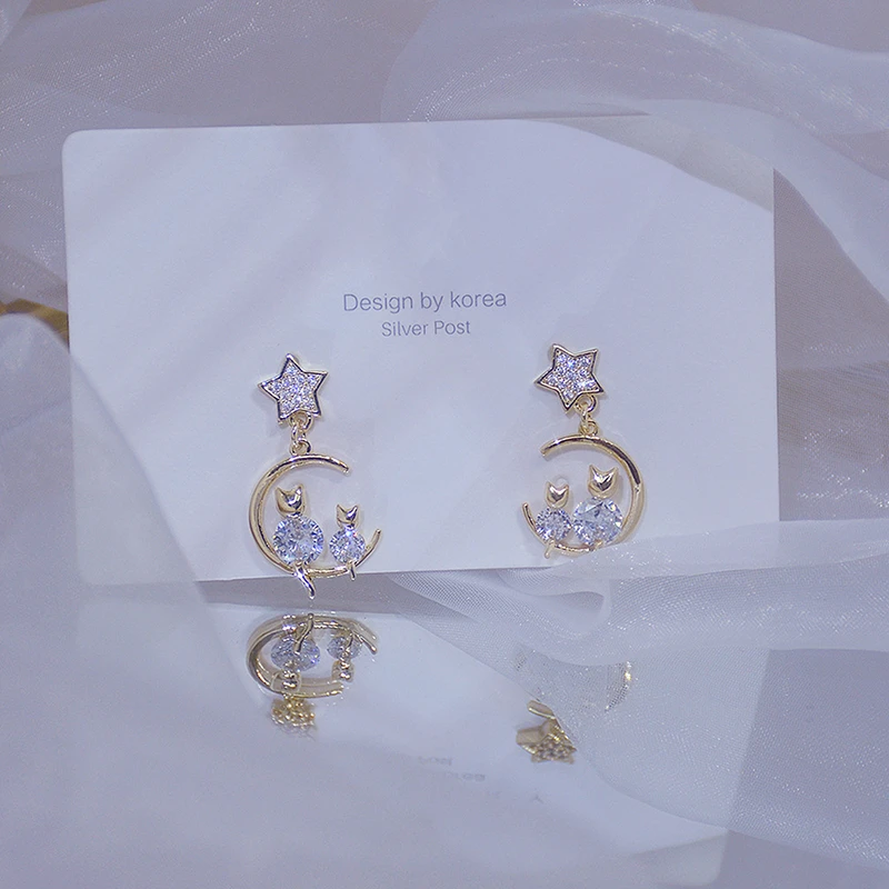 Cute Little Cat Shine Diamond Women Earring Bling AAA Zircon 14K Real Gold Stud Earring Daily Anniversary Star Jewelry Pendant