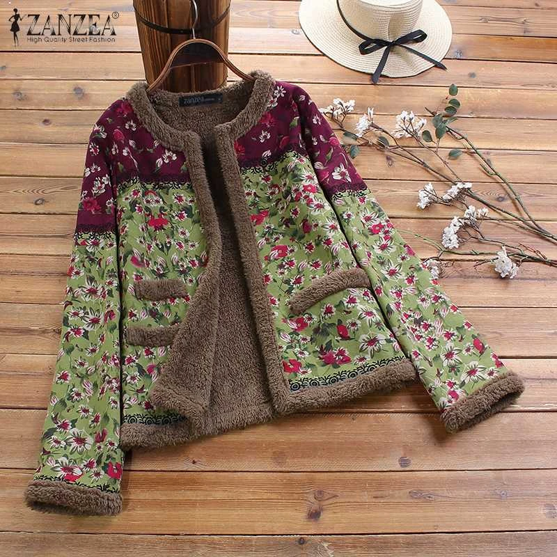 ZANZEA Women Coats Vintage Floral Printed Long Sleeve Outwear Winter Open Front Fluffy Jackets Autumn Chaqueta Loose Coats