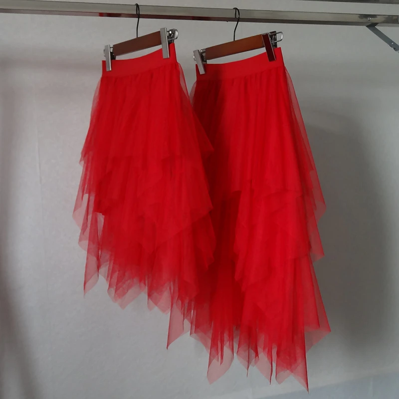 Tulle Skirts for Women Irregular New Fashion Elastic High Waist Mesh Red Tutu Skirt Sexy Pleated Long Skirts Midi Skirts Womens