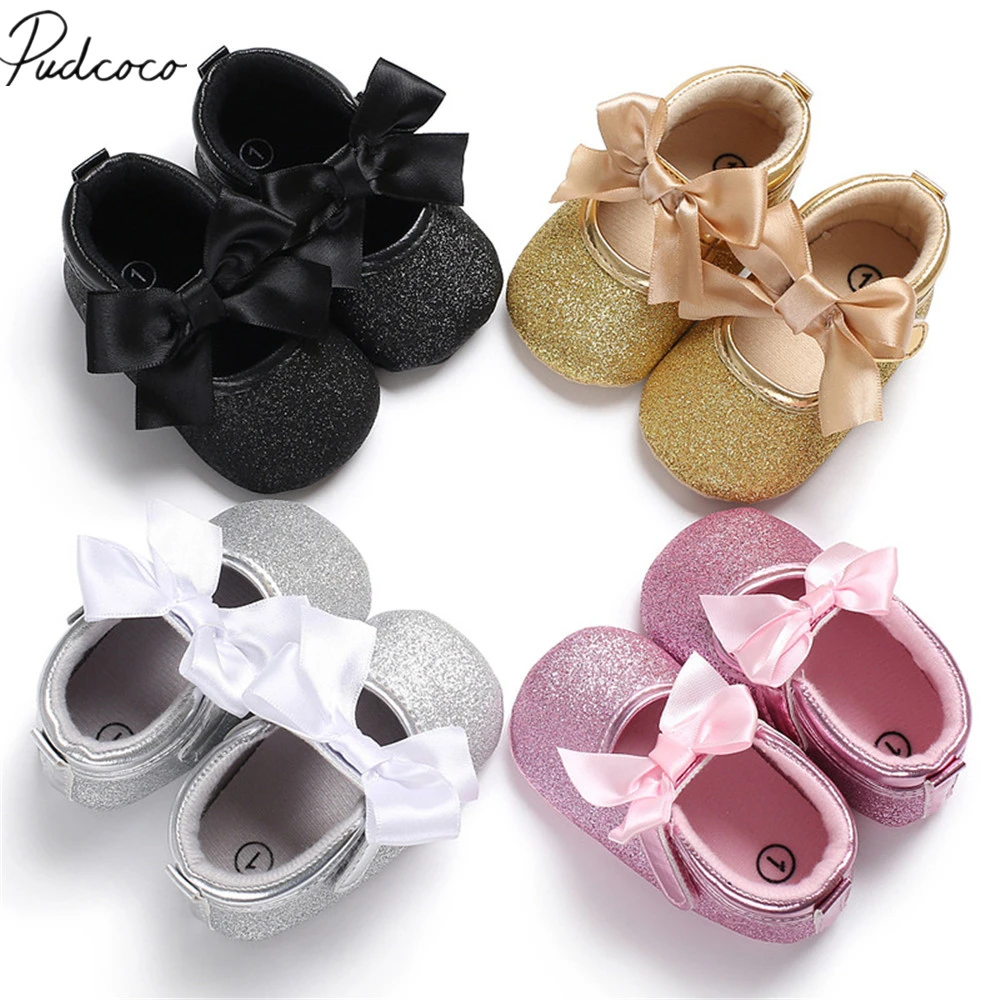 2019 Baby First Walkers Toddler Kids Baby Girls PU Princess Bow Loving Heart Shoes Bowknot Lace Up Glitter Crib Sole Sneaker