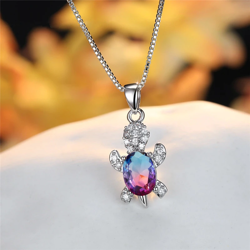 Blue Purple Oval Zircon Pendant Rainbow Stone Cute Turtle Necklaces For Women Fashion Jewelry Multicolor Crystal Animal Necklace