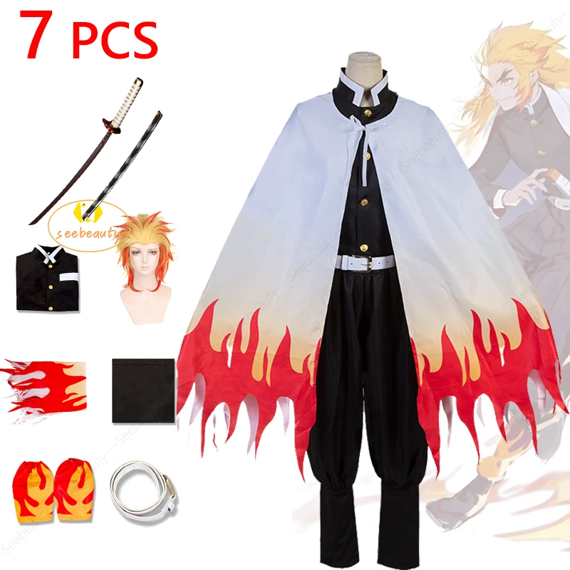 Anime Train Mugen Rengoku Kyojuro Cosplay Costume Kimetsu No Yaiba Demon Slayer Adult Kids Wig Katana Sward Cosplay Outfit