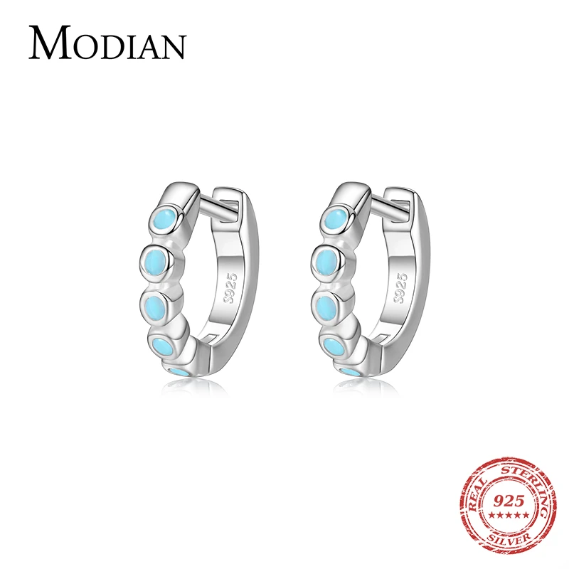 Modian Real 925 Sterling Silver Tiny Round Turquoise Charm Vintage Hoop Earrings For Women Silver Fine Statement Jewelry Gift