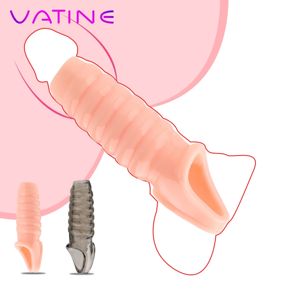 Silicone Reusable Penis Sleeve Penis Enlarger Extender Delay Ejaculation Cock Ring Linen Nozzle Sex Toys For Men Sex Products