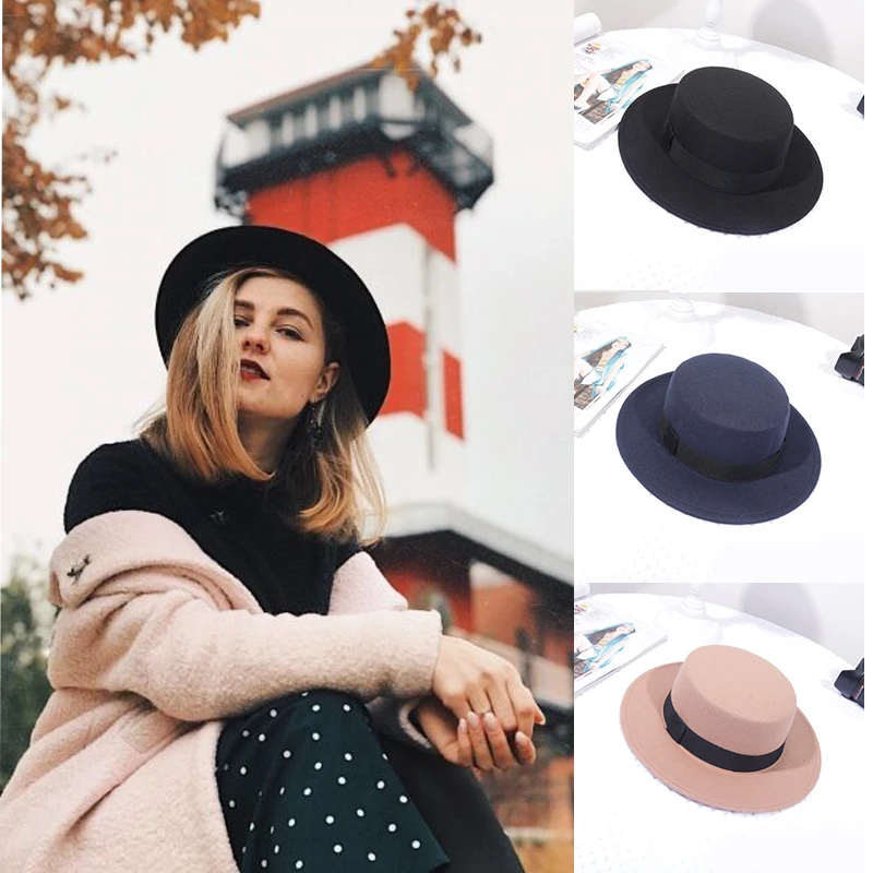 Elegant Women's Hat With Bibbon Band Autumn Flat Top Wide Brim Felt Lady Fedoras Classic Church Wedding Travel British Jazz Cap