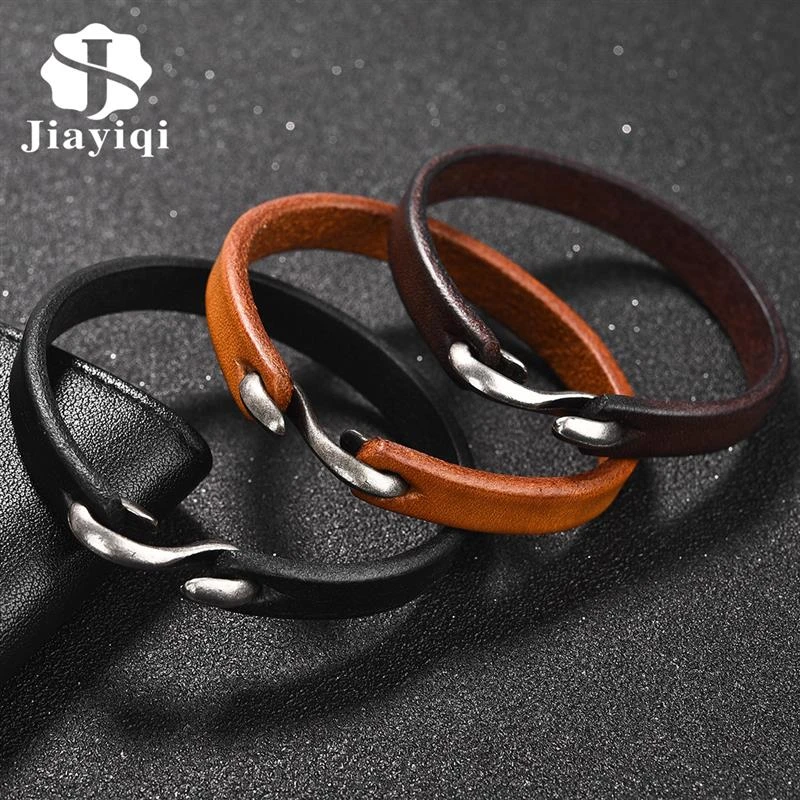 Jiayiqi Men Bracelet Genuine Leather Bangle Retro Cuff Bracelet Classic Hooks Wristband Men Women Jewelry Gifts