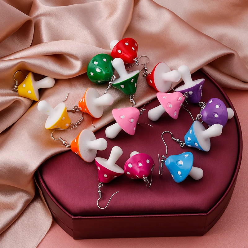 Cute Plant Mushroom Earrings for Women, Cartoon Enamel 8 Color Dangles Earrings Girl Children Ear Hook DIY Party Jewelry Gifts