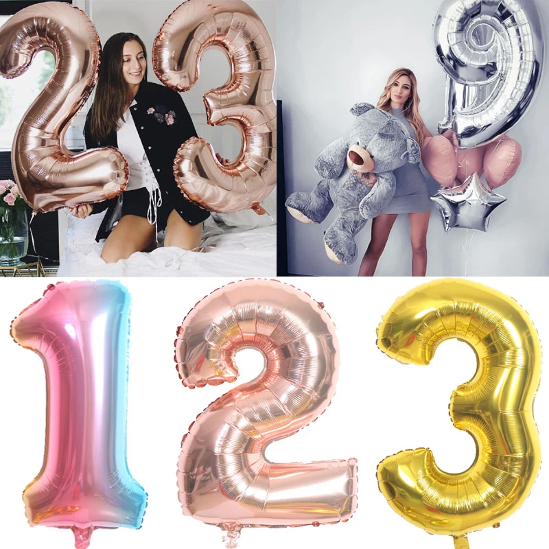 Large numbers Rainbow Rose Gold Silver Aluminium Foil Number Balloons Birthday Wedding Party Decor Globos Kids Ball Supplies