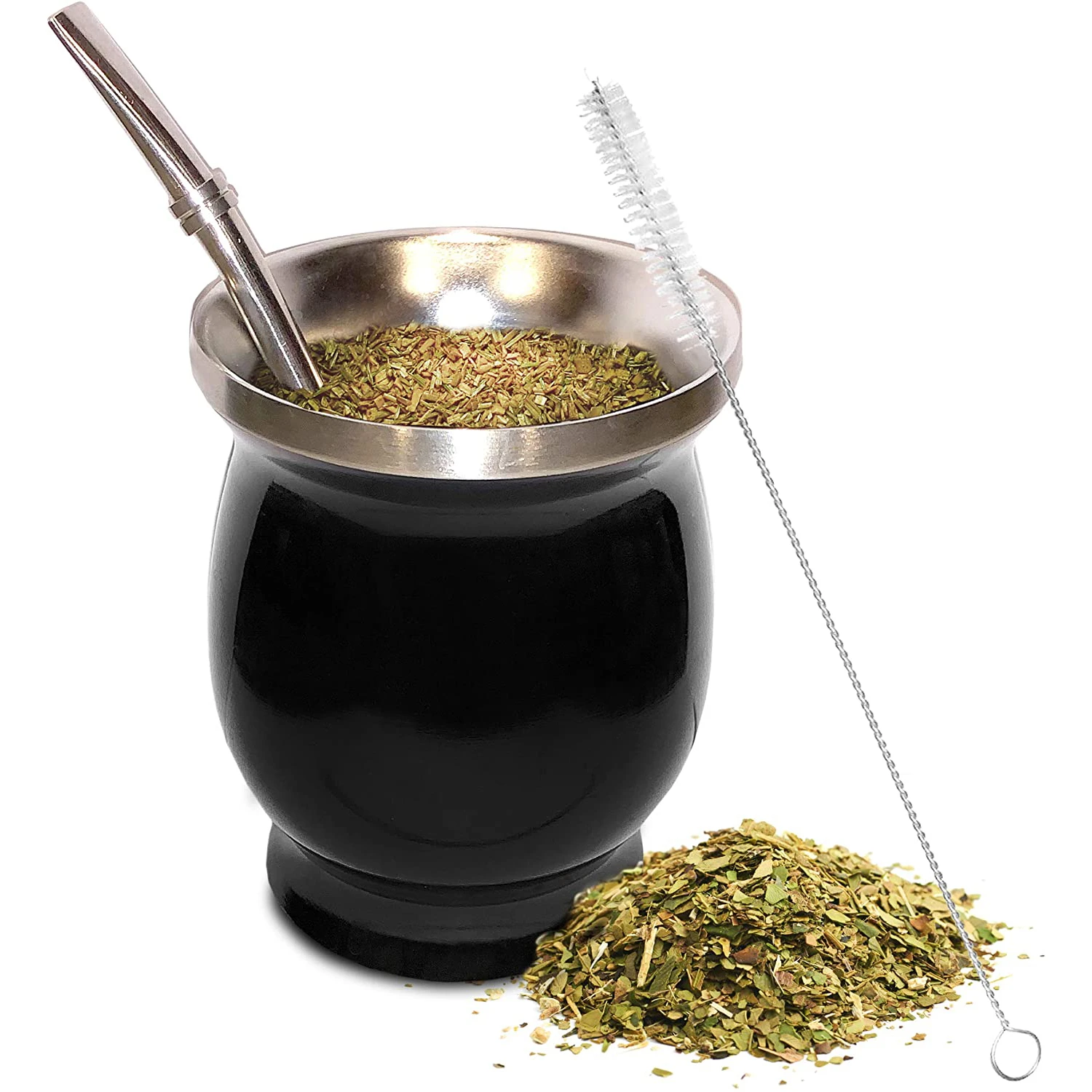 Yerba Mate Natural Gourd/Tea Cup Set 8 Ounces Bombillas Yerba Mate Straw,Cleaning Brush,Stainless Steel,Double-Walled,Easy Clean