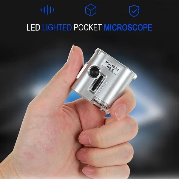 Mintiml LED Lighted Pocket Microscope Mini Lens 60X Magnifier Ultraviolet Jewelry Education Focus Adjustable Loupe Glass Currenc