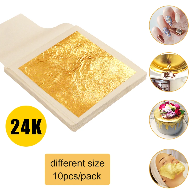 24K Gold Leaf Pure Gold Foil Sheets for Cake Decoration Arts Crafts Paper Painting Skin Care Home 10pcs Real Gold Foil Gilding