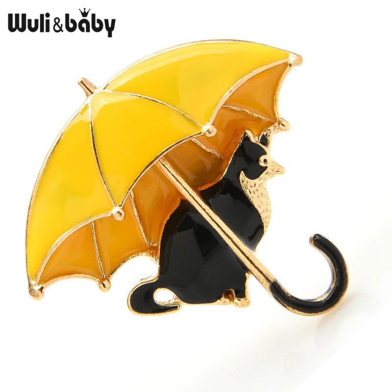 Wuli&baby Cute Cat Under Umbrella Brooches For Women Enamel 4-color Fox Animal Party Casual Brooch Pins Gifts