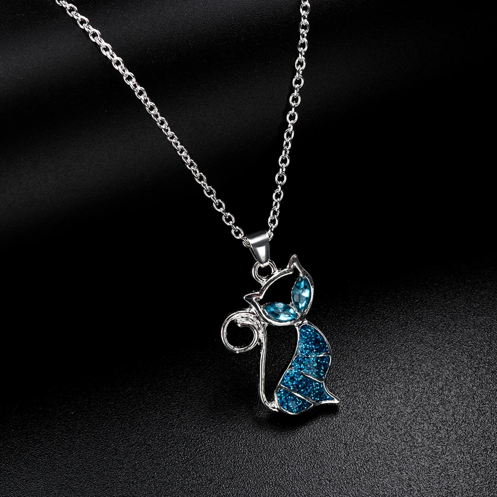 1Pc Cute Cat Pendant Blue Opal Rhinestone Necklace Fashion Women's Animal Jewelry Trendy Jewelry Gift for Women Crystal