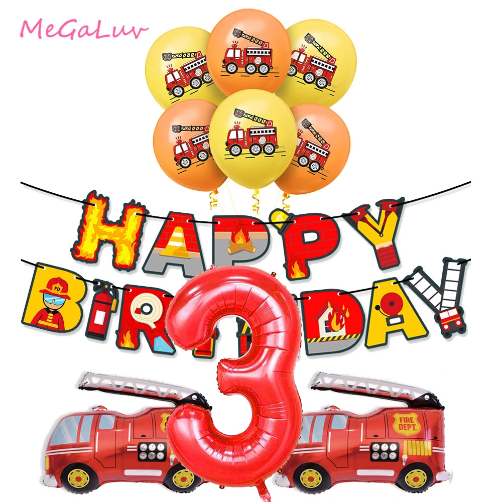 Fire Truck Birthday Party Decoration Banner Ballons Cake Topper Fireman Firefighter Baby Shower 3th 4th Birthday Party Supplies