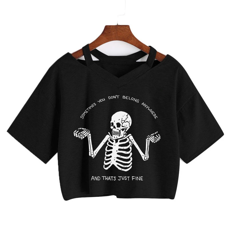 Summer Punk Skull Grunge T-shirt Women Skull and Cat Mom Tee Loose Short sleeve Female Crop tops Gothic Harajuku Aesthetic Shirt