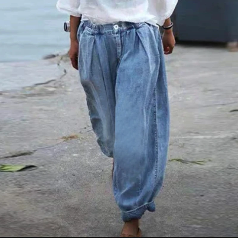 Large Size High Waist Boyfriend Jeans Ladies Summer Solid-Color Loose Spanning Pants American Street Haren denim Long Pants