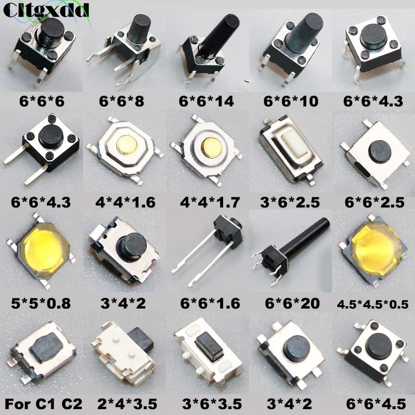 Cltgxdd 20models Micro Switch Push Button Tact Switches Reset Mini Leaf Switch SMD DIP 2*4 / 3*4 / 3*6 / 4*4 / 6*6 / 5*5 Diy Kit