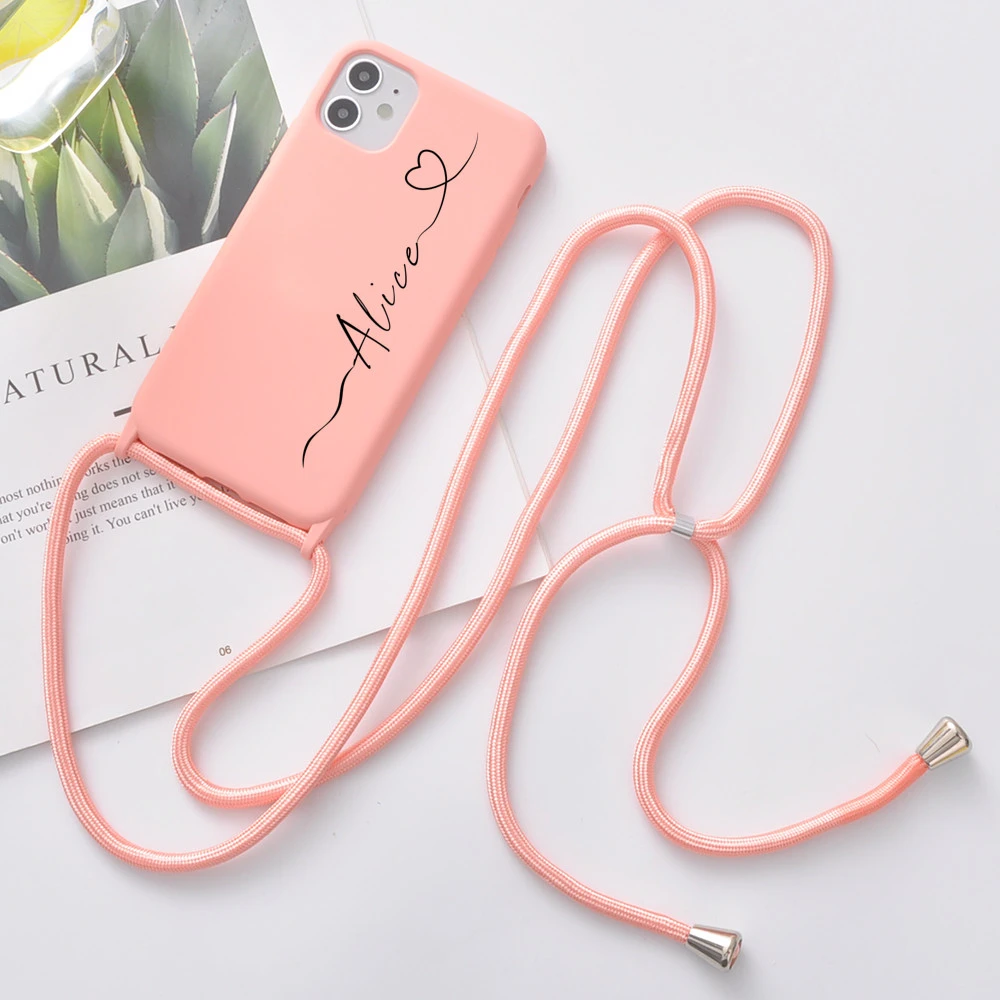 Custom Name for iPhone 12 Pro Max 7 8 Plus X XR XS 11 Phone Case With Strap SE 2020 Coque Girls Gift Soft Silicone Funda DIY