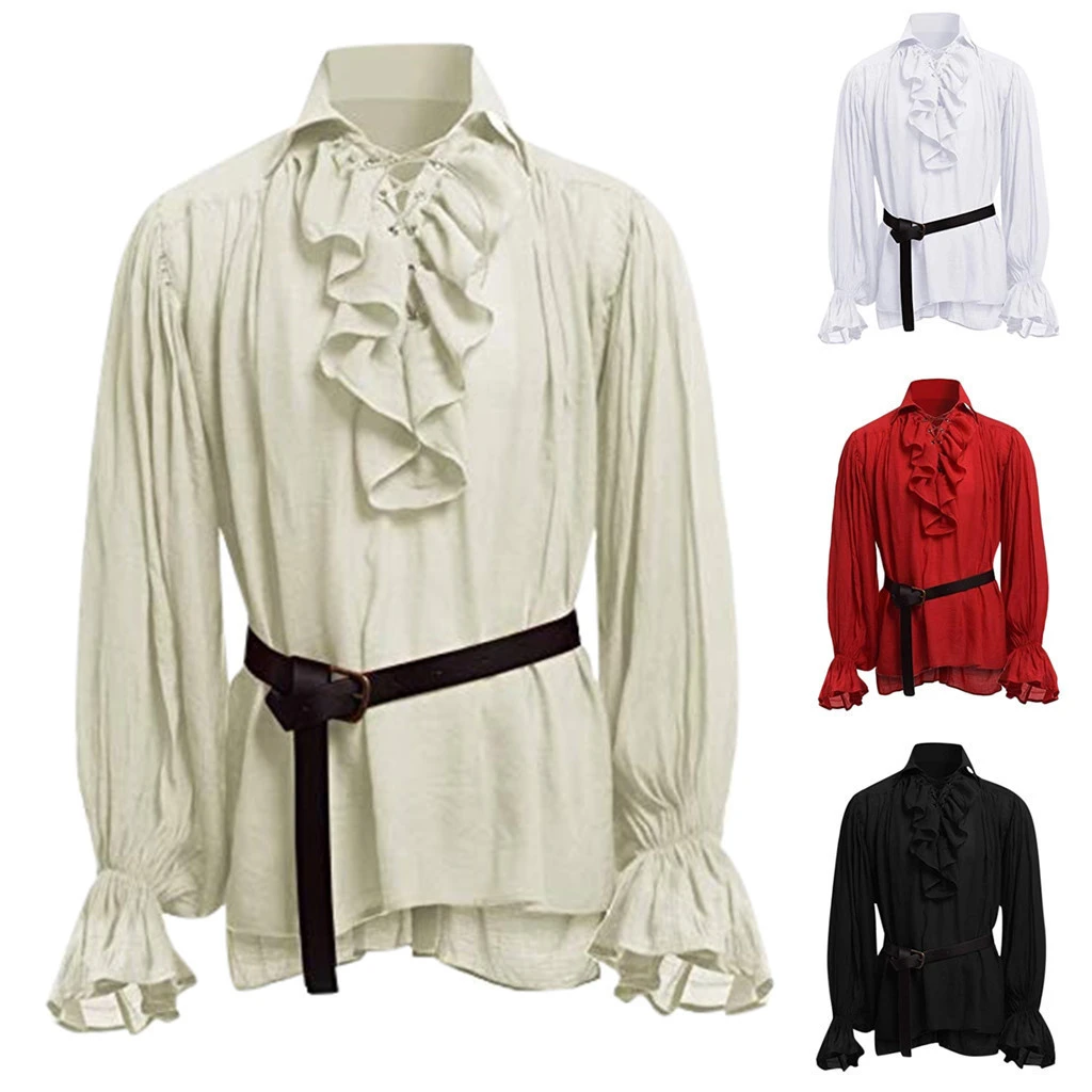 New Medieval Renaissance Lacing Up Shirt Bandage Tops For Adut Men Larp Vintage Costume Fluffy Long Sleeve For Male pants Belt