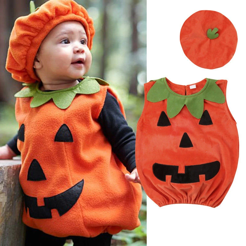 0-3Y Newly Cosplay Halloween Toddler Baby Kid Pumpkin Print Sleeveless Romper Jumpsuits Tops+Hats Baby Clothes 2PCS Costumes