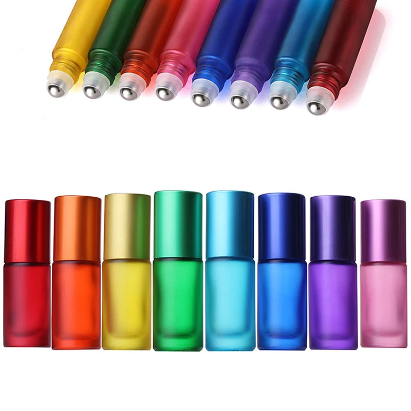 1/5/10PCS 5ml Portable Frosted Colorful Essential Oil Perfume Thick Glass Roller Vial Travel Refillable Rollerball Bottle