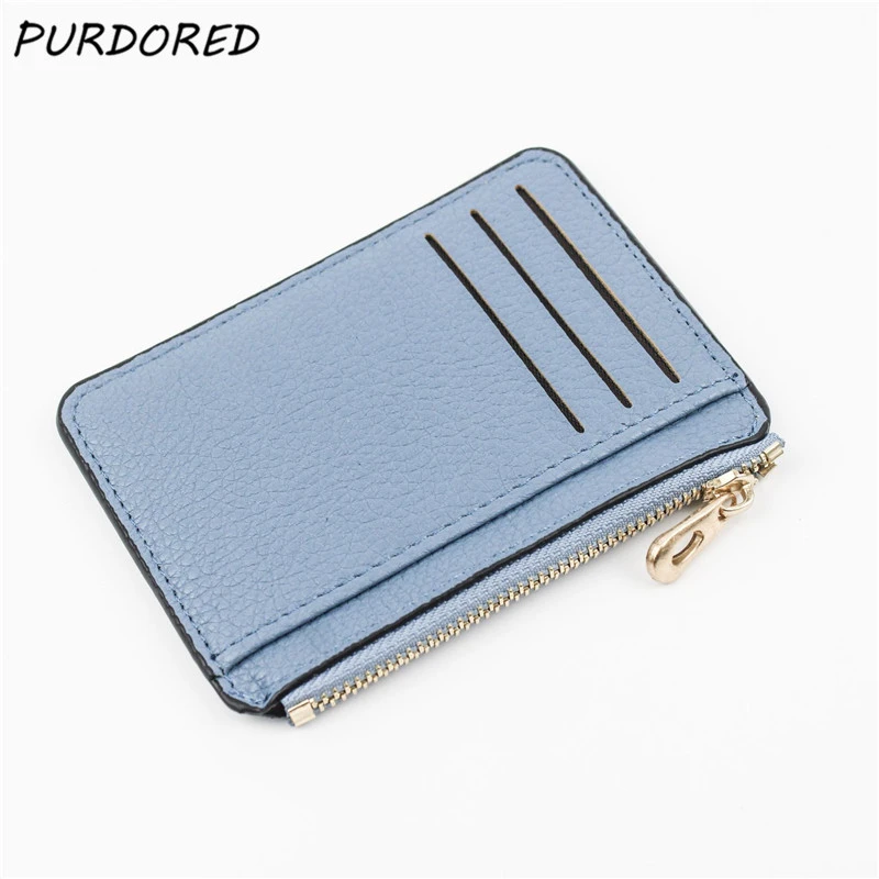 PURDORED 1 Pc Slim Women Card Holder PU Leather Unisex Zipper Business Card Case Men Credit Mini Cards Wallet Paspoorthoesje