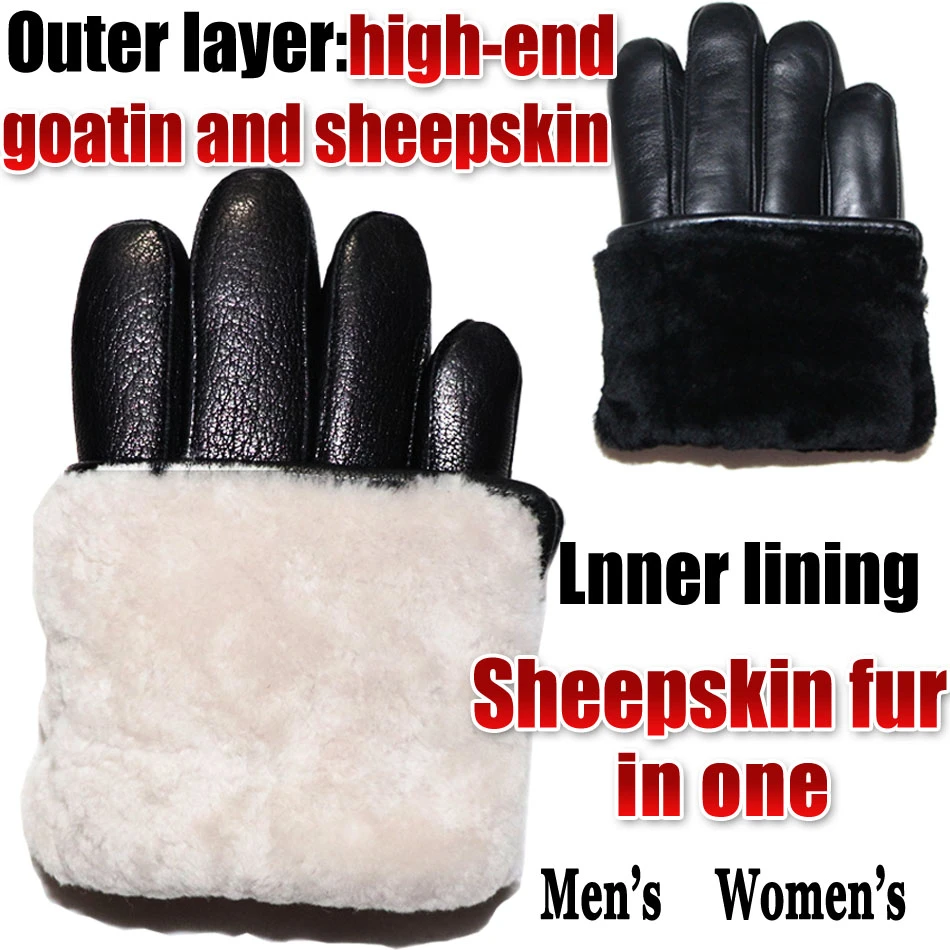 Deerskin pattern male leather gloves sheepskin-fur in one  gloves female goatskin  sheep Fur Wool gloves winter  thickening warm