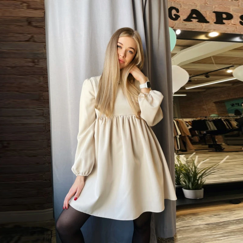 CHURSES O-Neck Folds Lantern Sleeve Casual Dresses Autumn Solid Color A-Line Loose Comfort High Waist Dress For Women 2021 New