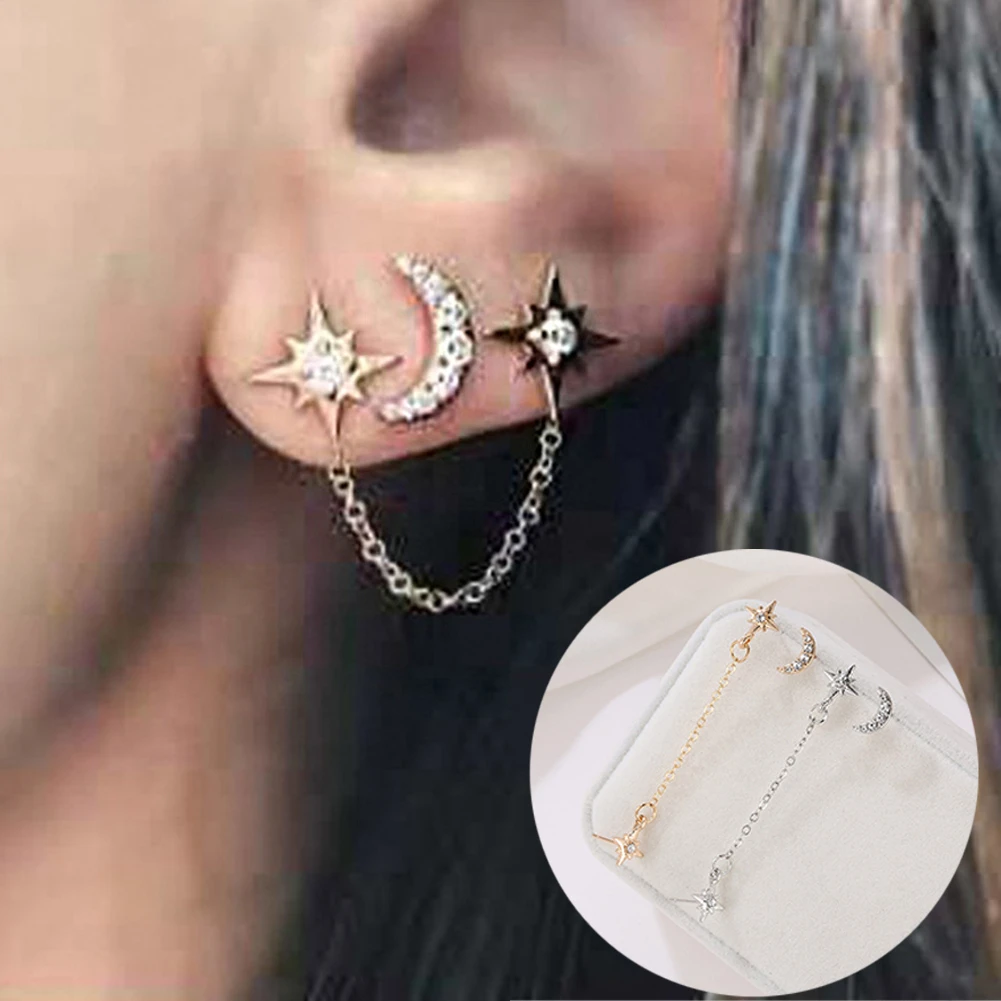 1Set Gold Color Stainless Steel Double Star Moon Stud Earrings for Women Korean Style Earrings Set 3 ear Hole Women Jewelry