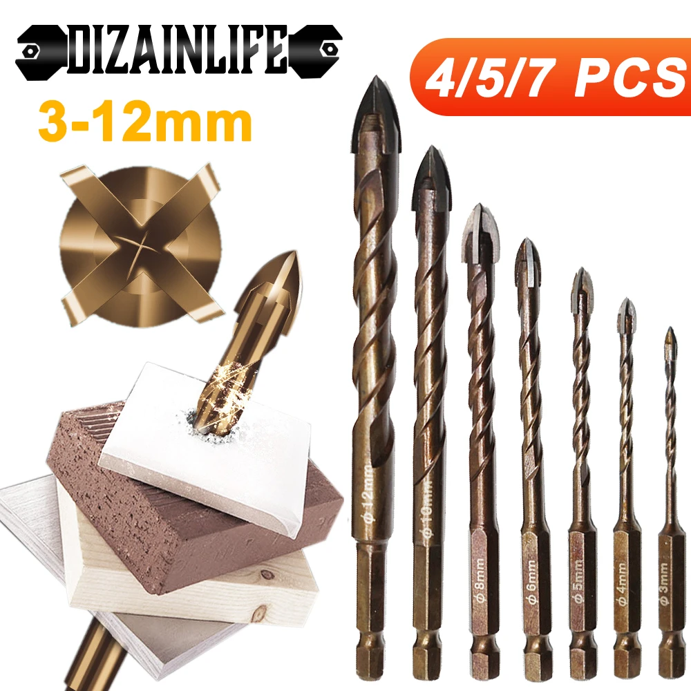 DIZAINLIFE 3-12mm Cross Hex Tile Drill Bits Set for Glass Ceramic Concrete Hole Opener Brick Hard Alloy Triangle Bit Tool Kit